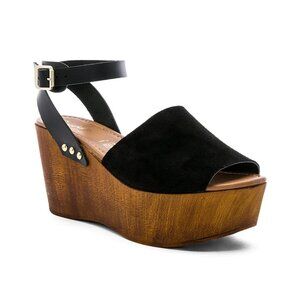 Seychelles Open Toe Wedge - Black Suede and Brown Wood-like